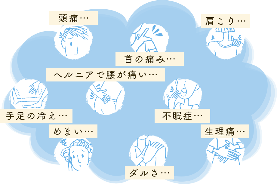 頭痛,肩こり,首の痛み,ヘルニアで腰が痛い,手足の冷え,不眠症,めまい,生理痛,ダルさ